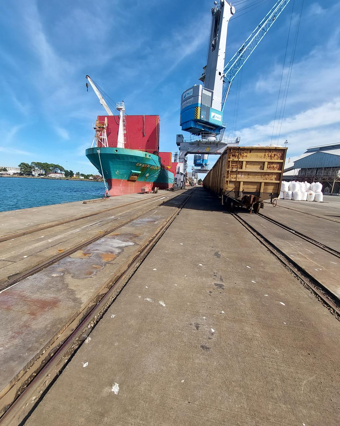 Rail wagons on the quay beside a cargo ship under a port crane